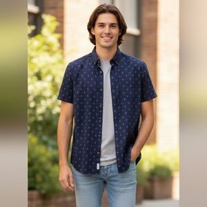 Free Planet Blue Casual Button Down Shirt Nautical Pattern